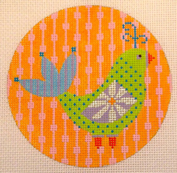 N113 Mod Bird 4" Rnd - Orange/Pink Pods Background  4" diameter EyeCandy Needleart