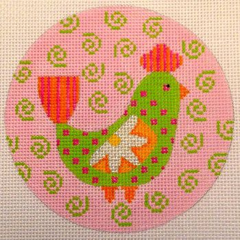 N113E Mod Bird 4" Rnd - Pink/green Swirl  Background  4" diameter EyeCandy Needleart