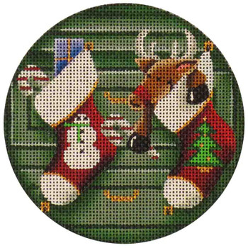 1012e Reindeer in a sock  4" Round 18 Mesh Rebecca Wood Designs!