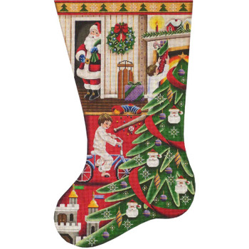 1321b Santa’s Morning, Boy Stocking  11" x 1918 Mesh Rebecca Wood Designs!