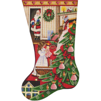 1321a Santa’s Morning, Girl Stocking  11" x 19" 13 Mesh Rebecca Wood Designs!