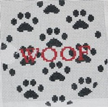 O134 4" Round Woof-Multi Paw-Black and Red 18 Mesh Kristine Kingston Needlepoint Designs