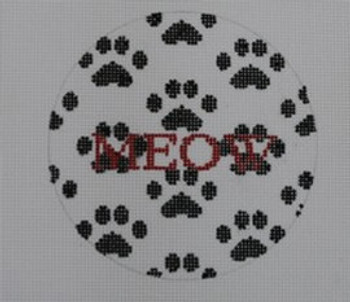 O133	4" Round Meow-Multi Paw-Black and Red 18 Mesh Kristine Kingston Needlepoint Designs