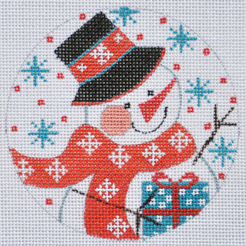 CH-331 Snowman with Present Ornament  4” Round 18  Mesh CH Designs