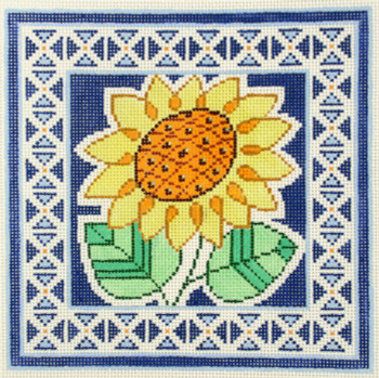 AO1299 Lee's Needle Arts Floral, Sunflower on Blue Hand-painted canvas - 13 Mesh 8in x 8in