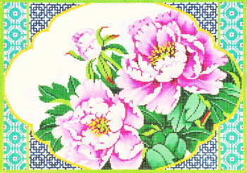 P1229 Lee's Needle Arts  Framed Peonies 13 Mesh 14in. x 10in.