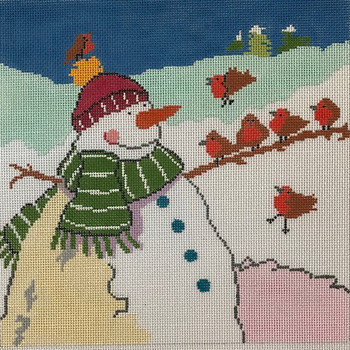PEB-040 The Point Of It All SNOWMAN WITH CARDINALS  9 x 9ish 18 Mesh