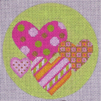 H113B Pattern Hearts - Pink & Green Ornament 4" dia  EyeCandy Needleart
