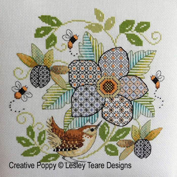 Blackwork Flower With Wren by Lesley Teare 18-2779