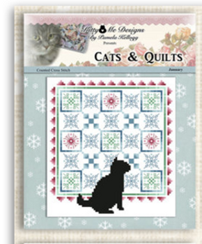 Cat And Quilt January Approximately 7 inches Square  on 28 count Kitty And Me Designs