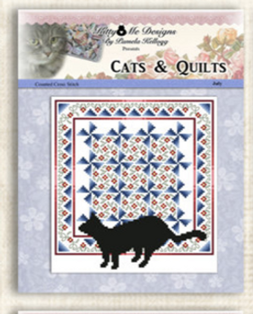 Cat And Quilt July Approximately 7 inches Square  on 28 count Kitty And Me Designs