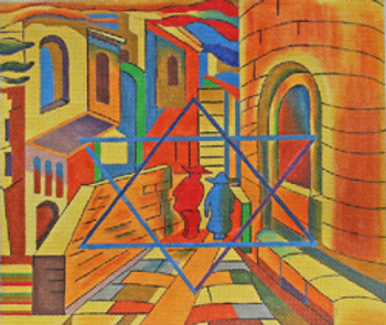 MS104 JUDAICA Tallis:  JERUSALEM STREET  13 X 11 13 Mesh MARCIA STEINBOCK