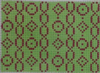 WCC11  wallet insert - geometric chain/circle/diamond pink on pale green 3.25 x 2.25 18 Mesh Kristine Kingston Needlepoint Designs