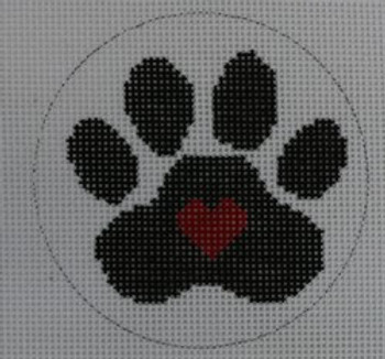 O146  Black Paw with Red Heart within 3" round 18 Mesh Kristine Kingston Needlepoint Designs
