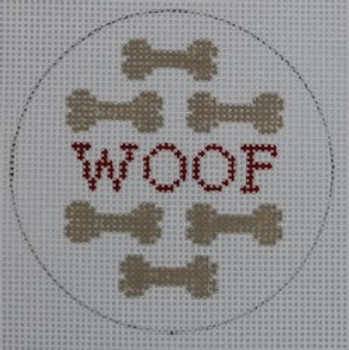 O147 Woof with Dog Bones 3" round 18 Mesh Kristine Kingston Needlepoint Designs