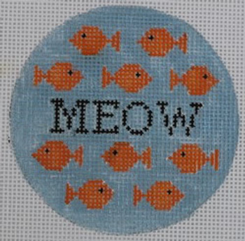 O148 Meow with Goldfish on blue 3" round 18 Mesh Kristine Kingston Needlepoint Designs