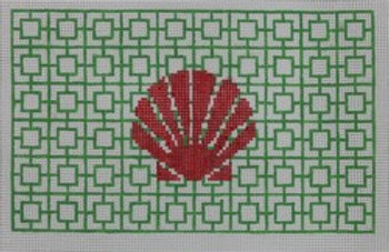 P131 red shell on green geometric  9 x 5.5  13 Mesh Kristine Kingston Needlepoint Designs