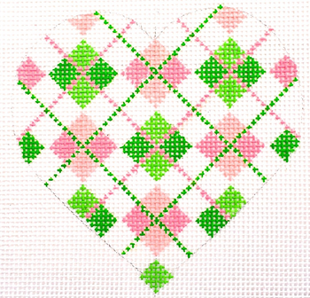 HB-154 Heart - Pink/Green Argyle 3 1⁄2 x 3 1⁄2 18 Mesh Stitch Guide included Hummingbird Designs