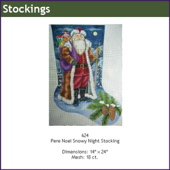 CHRISTMAS GE624 Snowy Night  Pere Noel Stocking 14" x 24" Mesh: 18 Gayla Elliott