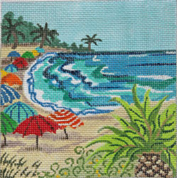 KL1140 TROPICAL BEACH SCENE: Beach Umbrellas 5 x 5 18 Mesh KAMALA