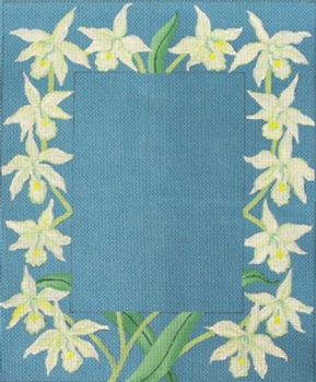 182602 White Orchids on China Blue (Photo Opening 4x6 or 5x7) Frame 13 Mesh JULIE THOMPSON