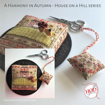 Harmony In Autumn Pincushion is 56 x 56 (2 pcs) & 224 x 15, Fob is 42 x 42. by Hands On Design 19-2333