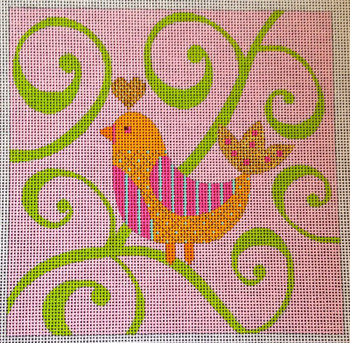 N114B-13 Mod Birds - Pink/green Swirl Background - 13 Count 8x 8  EyeCandy Needleart