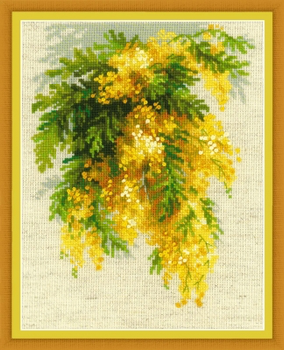 RL1615 Riolis Cross Stitch Kit Mimosa 7" x 9.5"; Flaxen Aida; 14ct 