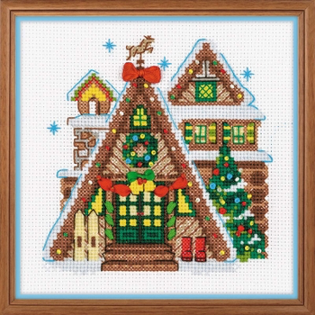 RL1660 Riolis Cross Stitch Kit Winter Cabin 6" x 6" ; White Aida; 14ct 