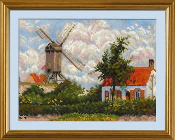 RL1702 Riolis Cross Stitch Kit Willmill at Knokke after C. Pissarro's Painting 13" x 9.75" ; White Aida; 10ct 