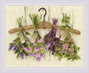 RL1717 Riolis Cross Stitch Long Stitch Kit Herbs 11.75" x 9.5" ; Flaxen Aida; 14ct 