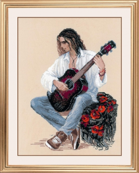 RL1766 Riolis Cross Stitch Kit Guitarist 11.75" x 13.75"; Beige Aida; 14ct 