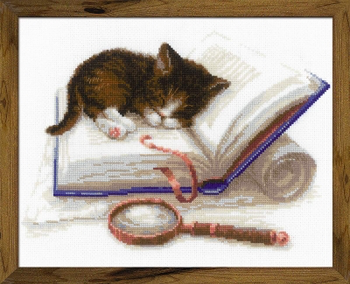 RL1725 Riolis Cross Stitch Kit Kitten on the Book 11.75" x 9.5" ; White Aida; 14ct 