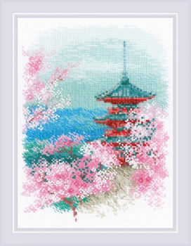 RL1743 Riolis Cross Stitch Kit Sakura - Pagoda 7" x 9.5" ; White Aida; 14ct 