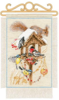 RL1751 Riolis Cross Stitch Kit Cottage Garden - Winter Includes wooden hanger. ; 7.75" x 11.75"; Flaxen Aida; 14ct