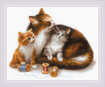 RL1811 Riolis Cross Stitch Kit Cat with Kittens 11.75" x 9.5"; White Aida; 14c