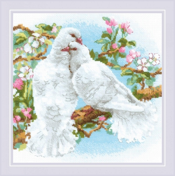 RL1856 Riolis Cross Stitch Kit White Doves 9.75" x 09.75"; White Aida; 14ct 
