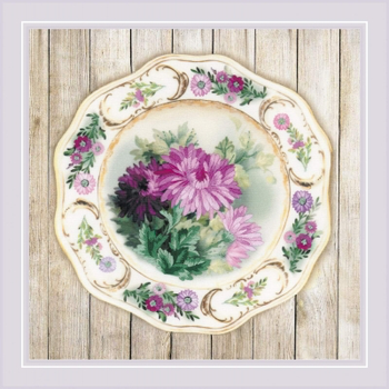 RLPT0076 Riolis Cross Stitch Kit Plate with Chrysanthemums 8.25" x 8.25" ; Pre-printed picture 