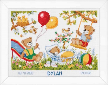 PNV11997 Bears in the Garden -  Birth Announcement 12.8" x 11.6"; Aida; 14ct  Vervaco Counted cross stitch kit