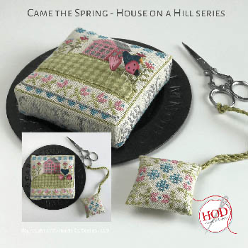 Came The Spring - House On A Hill Stitch count for pincushion is 56 x 56 (2 pcs) & 224 x 15. Stitch count for fob is 42 x 42 by Hands On Design 20-1449 YT