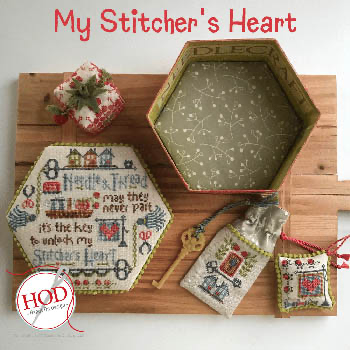 My Stitcher's Heart Stitch counts are: Hexagonal Box Lid is 121 x 104, Scissor Fob (2 pcs.) 42 x 42, Waxkeep is 33 x 47 & Pincushion is 130 x 130 by Hands On Design 20-1840 YT