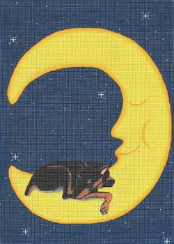 CL-120 Doberman sleeping on Moon 11”x 8” 18 Mesh Cindi Lynch Designs