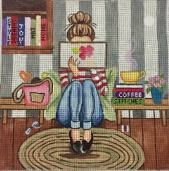 GEP274 Girl Stitching 10x10 18 Mesh Gayla Elliott