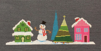 ASIT202d Pink House with Snowman 10 X 5 18 Mesh A Stitch In Time