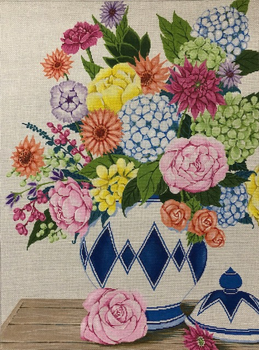 ASIT391	Floral in Blue & White Pot	15X20	18 Mesh A Stitch In Time