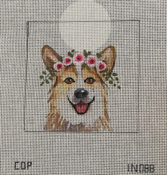 IN088 corgi w floral crown  4x4 18 Mesh Colors of Praise 