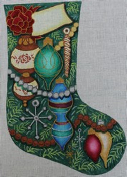 R249 9.5 x 15 Green Stocking With Ornaments 18 Mesh Robbyn's Nest Designs