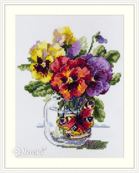 MK153 Pansies and Butterfly 6.3" X 6.7"; White Aida; 14  Count Merejka Cross Stitch Kit