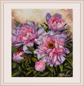 MK177 Tender Peonies 8.8" x 9.6"; Ecru Aida; 16 Count Merejka Cross Stitch Kit