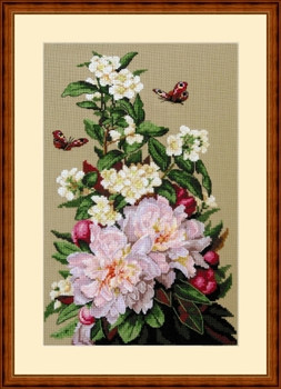 MK58 Peonies 7.8"X11.8"; Aida, Brown; 16 Count Merejka Cross Stitch Kit